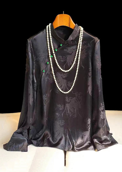 Jacquard Green Stand Collar Button Silk Shirt Long Sleeve