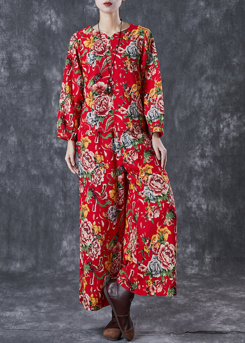 Chinese Style Red Print Oriental Linen Two Piece Set Fall