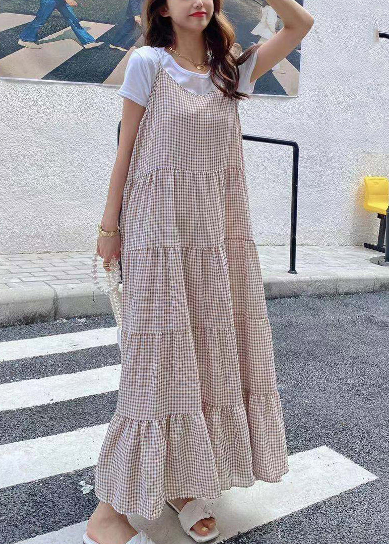 Khaki Slash Neck Plaid T Shirts and Long Dress Two Pieces Set Summer
