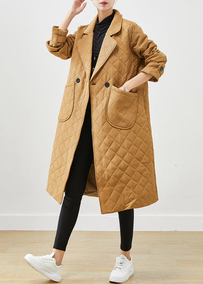 Khaki Notched Plaid Pockets Cotton Coats Fall