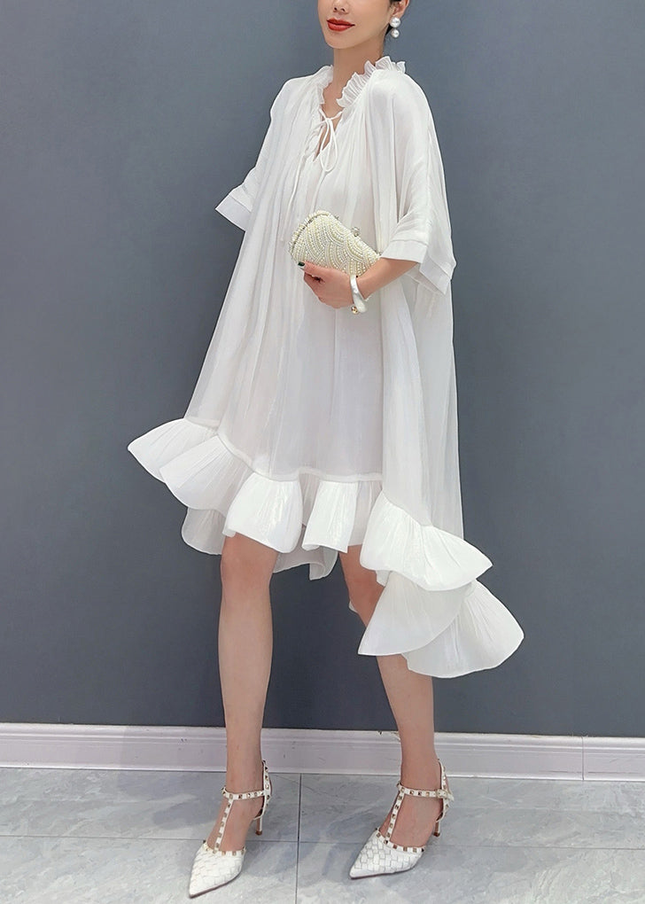 White V Neck Tie Lace Asymmetrical Short Dress