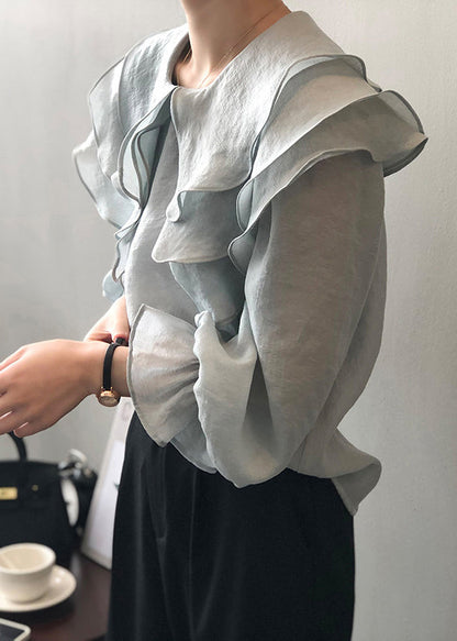 New Light Blue Ruffled Puff Sleeve Patchwork Shirt Top