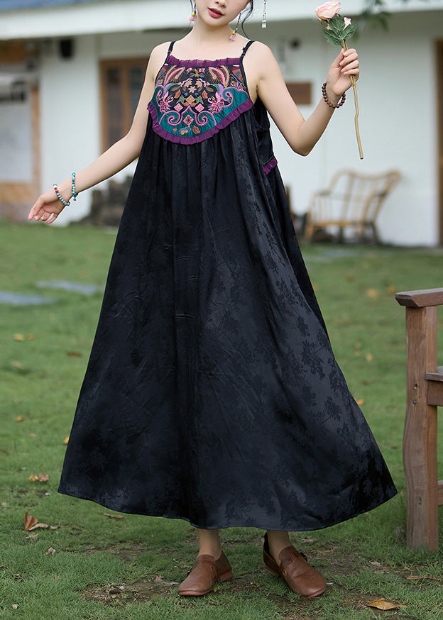 Green Embroidered Jacquard Silk Spaghetti Strap Dress Sleeveless
