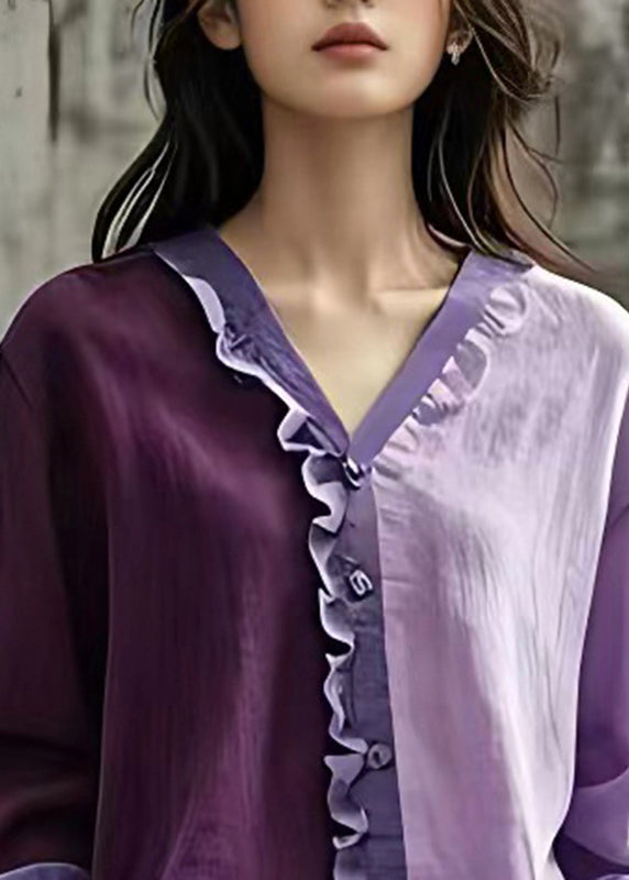 Purple V Neck Ruffled Patchwork Tops Long Sleeve
