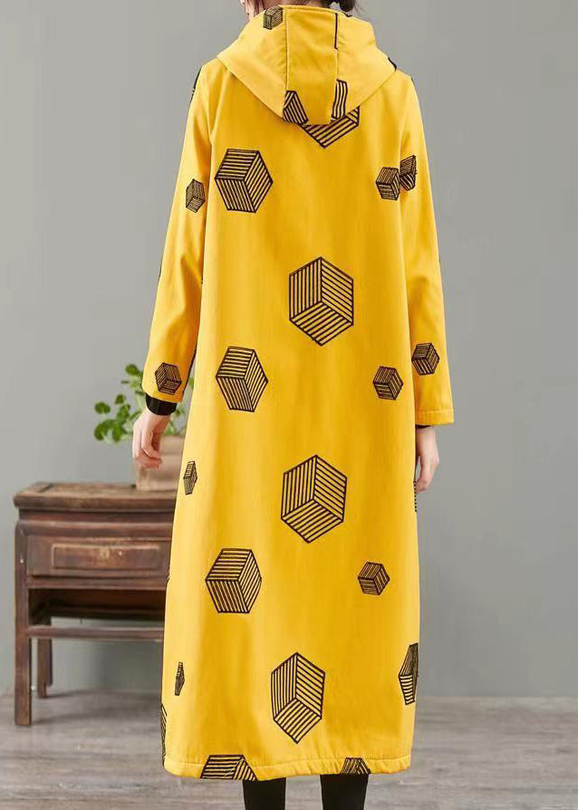 Yellow Hooded Pockets Print Warm Fleece Coat Winter
