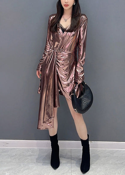 Pink Asymmetrical Wrinkled Cotton Dress Long Sleeve