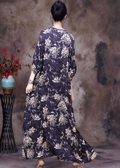 Yellow Print O-neck Side Open Silk Ankle Dress Long Sleeve