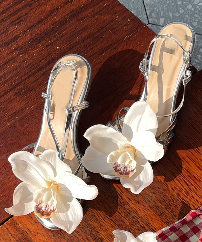 New Silver Flower Open Toed Buckle High Heeled Sandals