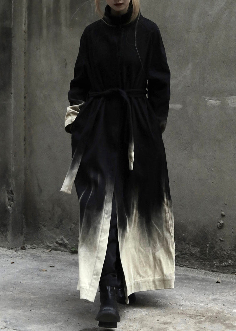 Gradient Color Tie Waist Pockets Denim Long Coats Long Sleeve Spring