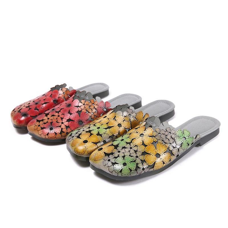 Green Cowhide Leather Hollow Out Slide Sandals for