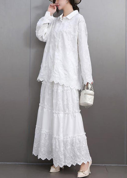 Boutique White Embroidered Lace Shirts and Maxi Skirts Two Pieces Set Flare Sleeve
