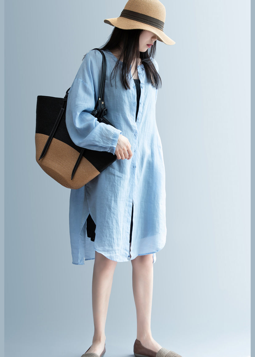Handmade Blue Asymmetrical Linen Blouses Spring