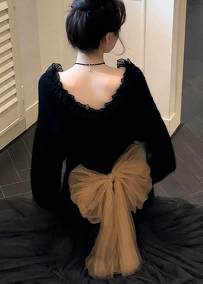 Black Ruffled Patchwork Bow Knit Sweater Tops Winter