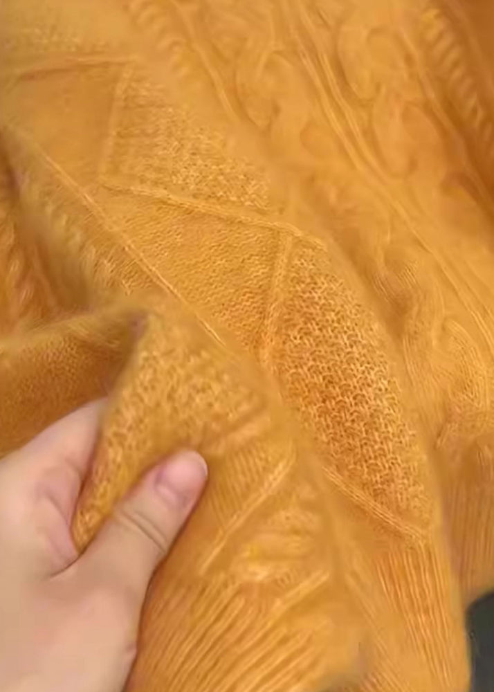 Orange V Neck Thick Cable Knit Sweater Winter