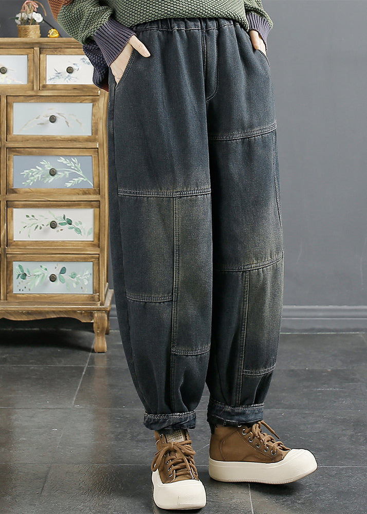 Blue Pockets Patchwork Elastic Waist Warm Fleece Denim Pants Fall