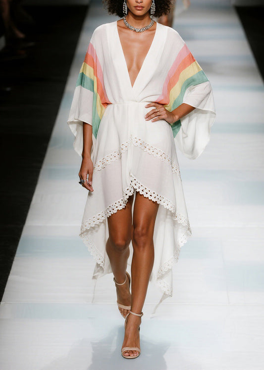 V Neck Asymmetrical Design Patchwork Cotton Dresses Summer