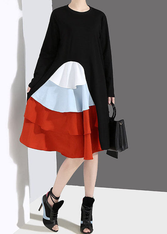 Stylish Black O-neck Ruffles Patchwork Dress Spring