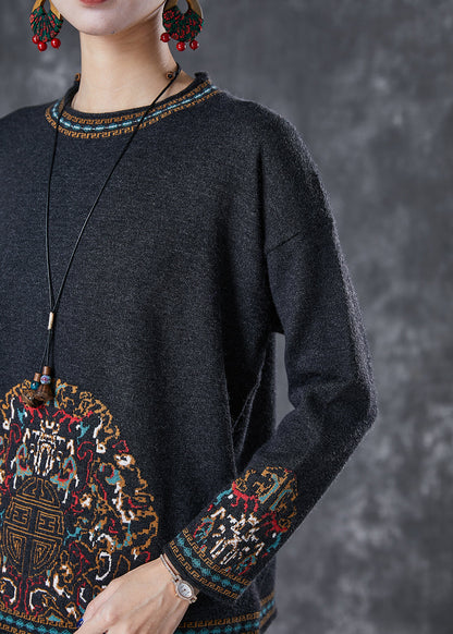 Black O-neck Print Cotton Blouses Fall