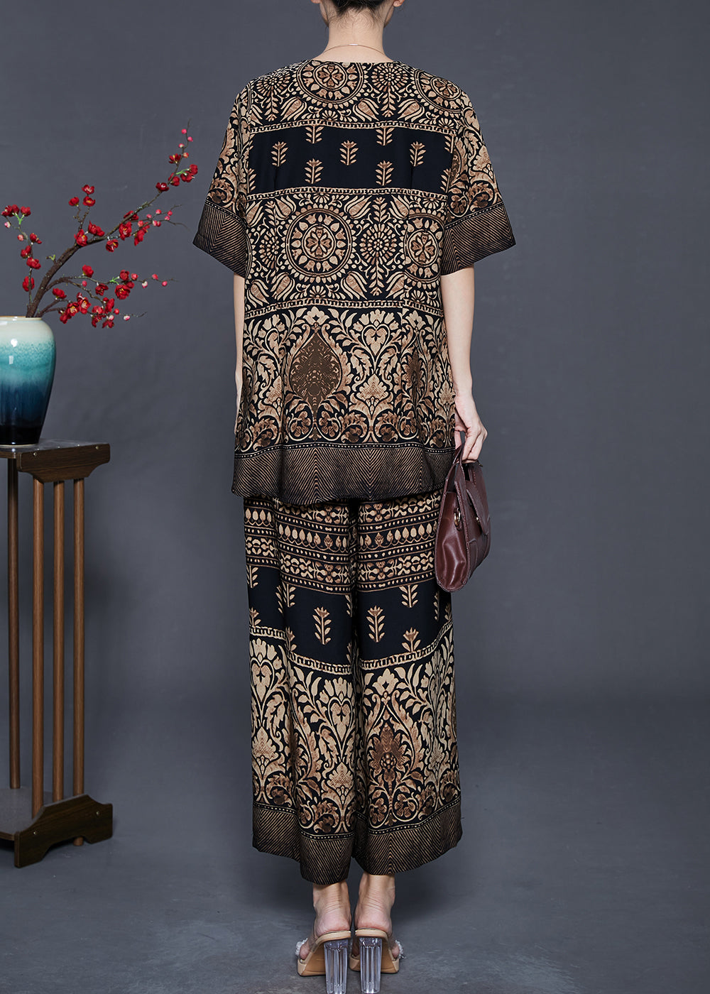 Stylish Brown V Neck Print Silk Two Piece Set Clothing Summer