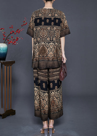 Stylish Brown V Neck Print Silk Two Piece Set Clothing Summer