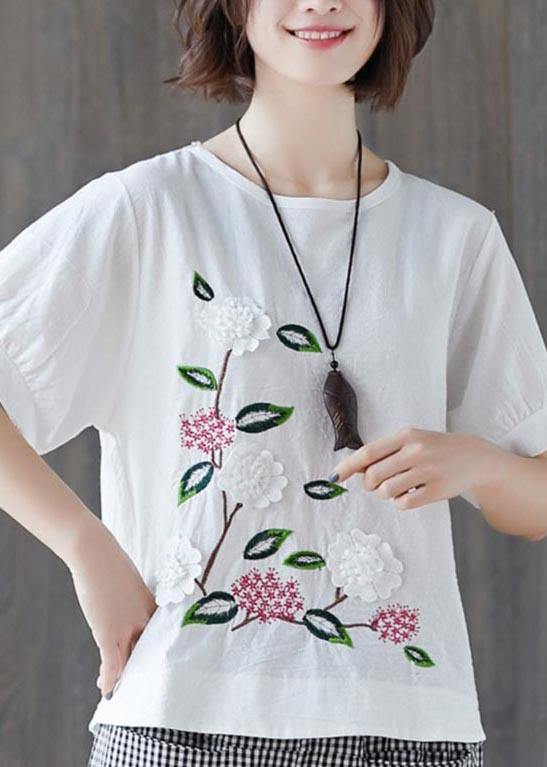 Loose White Embroideried Cotton Linen Tees Summer