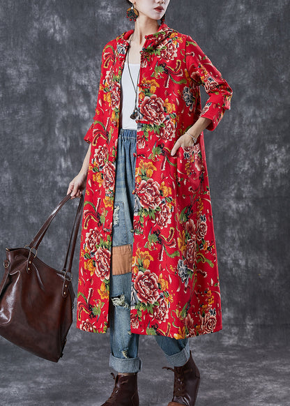 Red Hooded Print Warm Fleece Trench Coat Winter