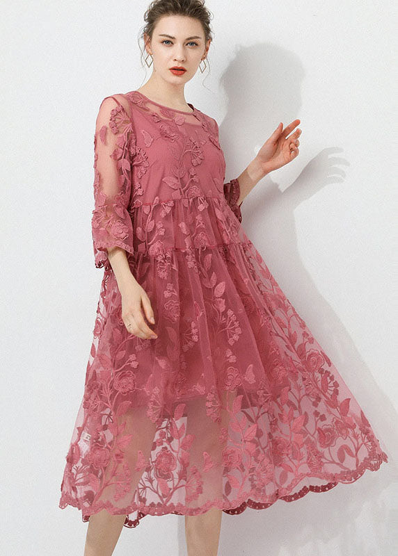 Pink Embroideried O-neck Two Pieces Set Lace Dress