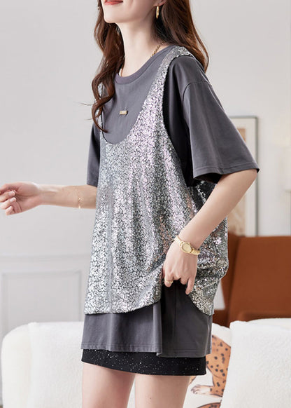 Boutique Grey O-neck Sequins Patchwork Fake Two Pieces Silk T Shirt Short Sleeve