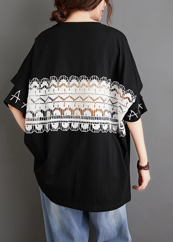 French Black O-neck Hollow Out Lace Patchwork Top Short Sleeve
