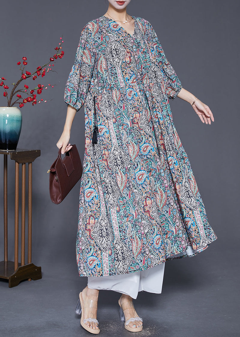 V Neck Drawstring Print Vacation Dress Lantern Sleeve