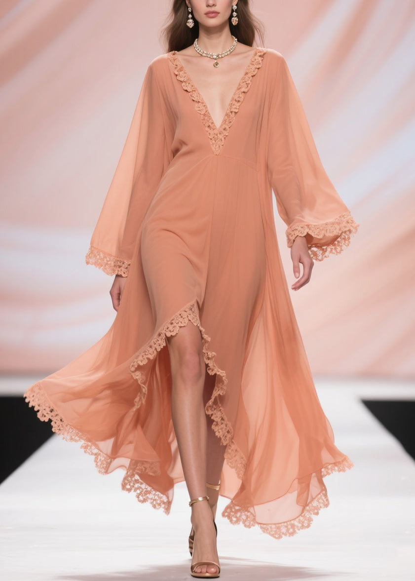 Fine Orange Lace Side Open Chiffon Long Dresses