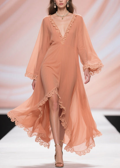 Fine Orange Lace Side Open Chiffon Long Dresses