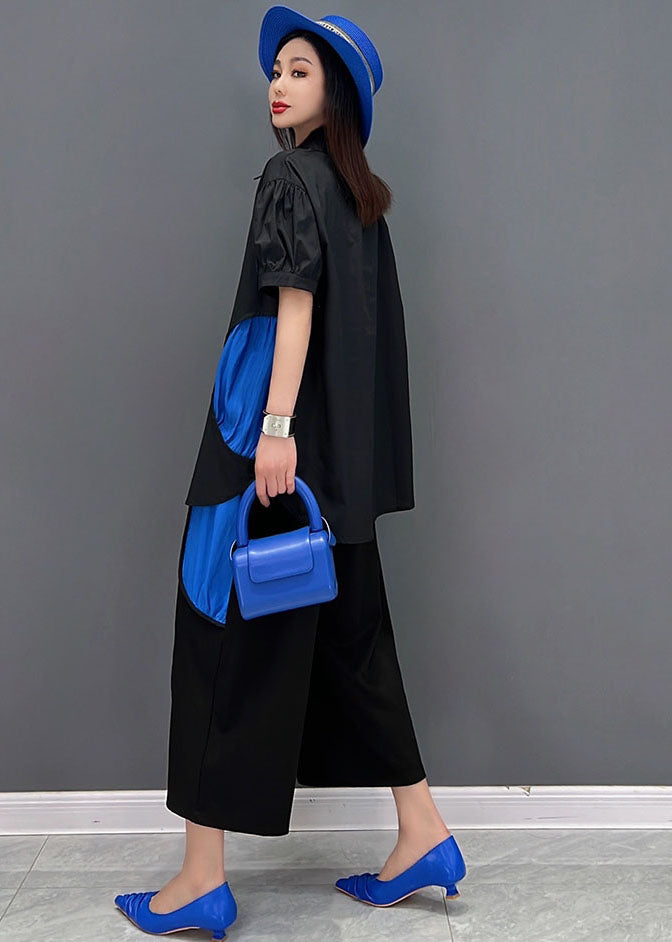 French Black Asymmetrical Dot Applique Cotton Shirt and Crop Pant Two-piece Set Summer