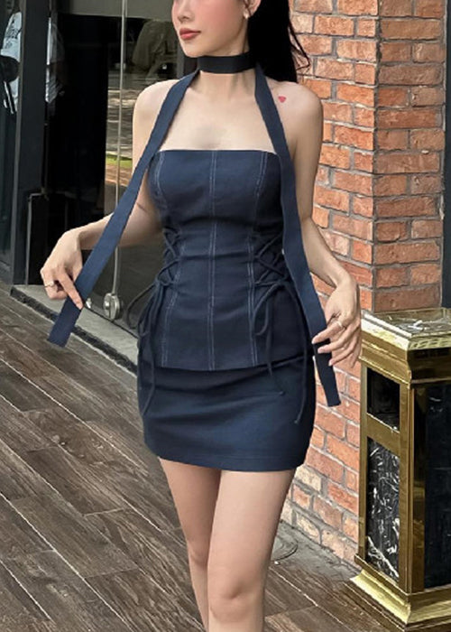 Slim Fit Black Strapless Lace Up Tops and Skirts Two Pieces Set Sleeveless
