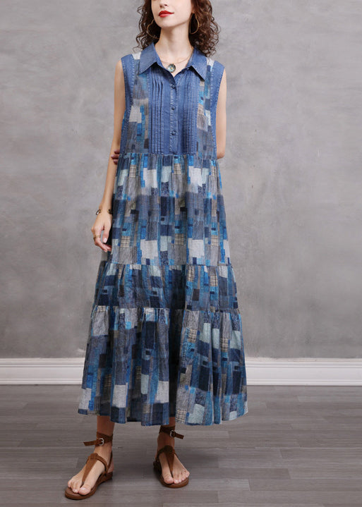 Natural Blue Button Cinched Peter Pan Collar Plaid Patchwork Dress Sleeveless
