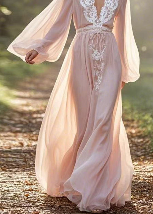 Boutique V Neck Lace Patchwork Chiffon Maxi Dresses Lantern Sleeve Summer