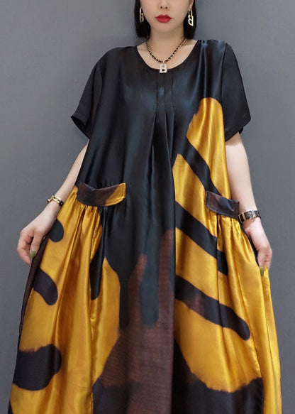 Loose Yellow O-neck Print Satin Maxi Dress Summer