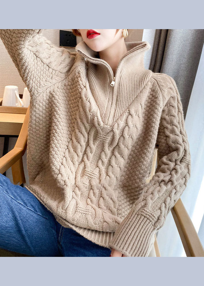 French Khaki Warm Patchwork Knit Pullover Spring