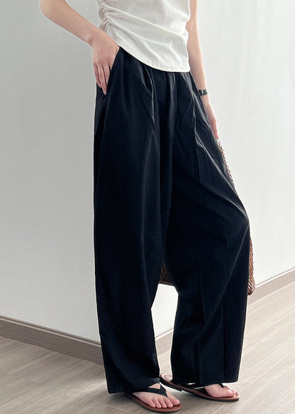 Black Pockets Cotton Wide Leg Pants Elastic Waist Wrinkled Fall