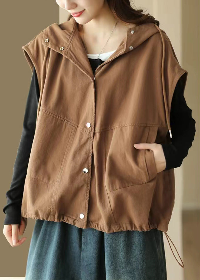 Loose Coffee Button Drawstring Cotton Waistcoat Sleeveless