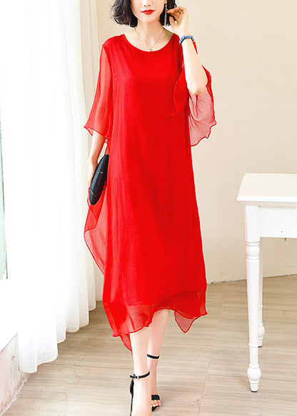 Red O-neck Ice Silk Long Dress Flare Sleeve