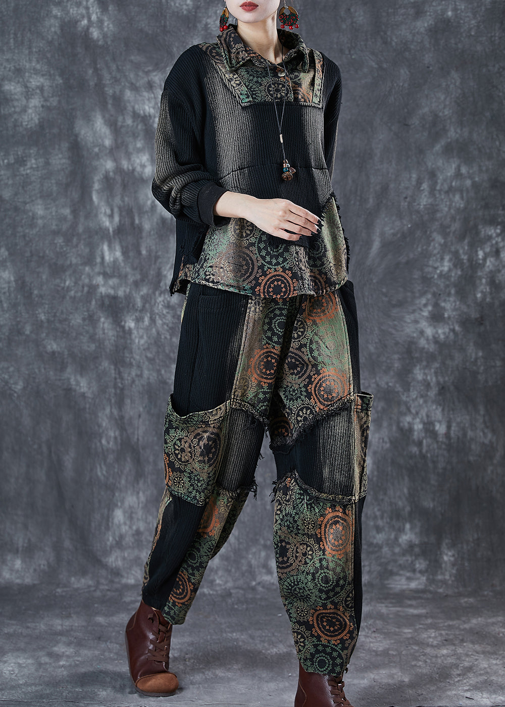 Black Tie Dye Patchwork Print Denim Two Pieces Set Fall