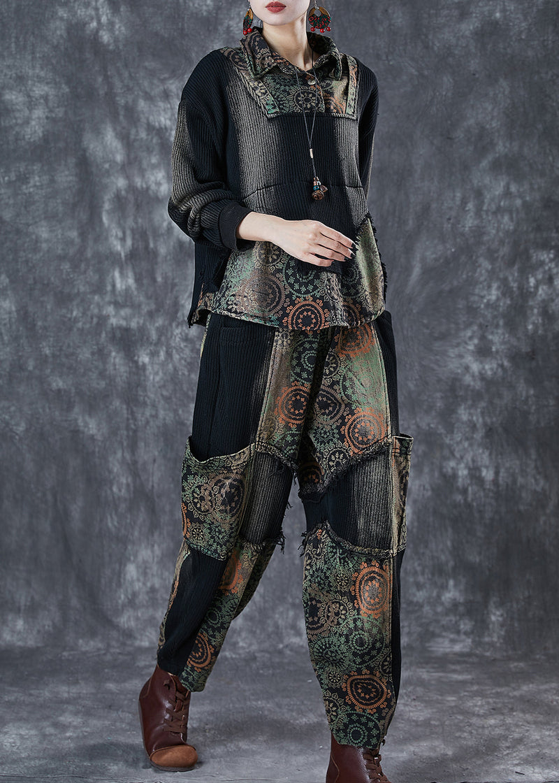 Black Tie Dye Patchwork Print Denim Two Pieces Set Fall