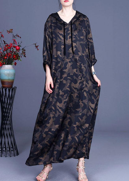 Camouflage Hooded Print Summer Silk Long Dresses