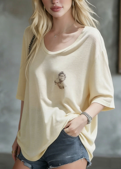 Apricot O Neck Print Cotton T Shirt Summer