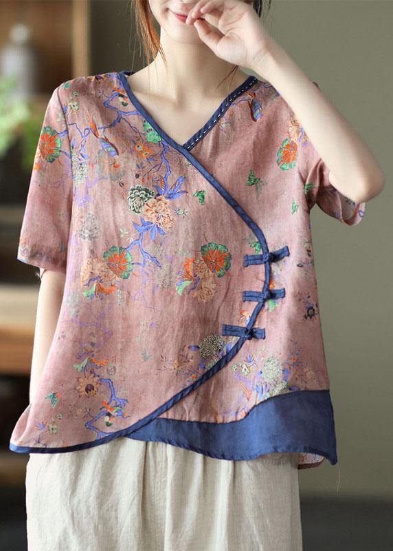Simple Purple Print Ramie Oriental Summer Tops