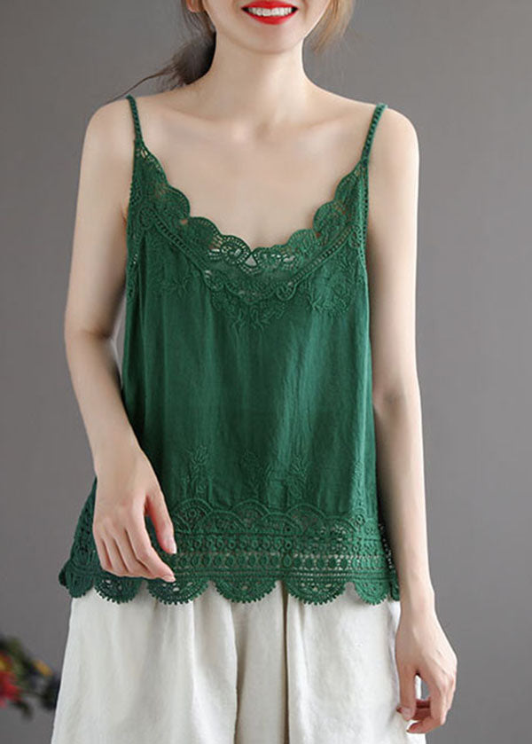 Green Cotton Spaghetti Strap Tops Hollow Out Summer