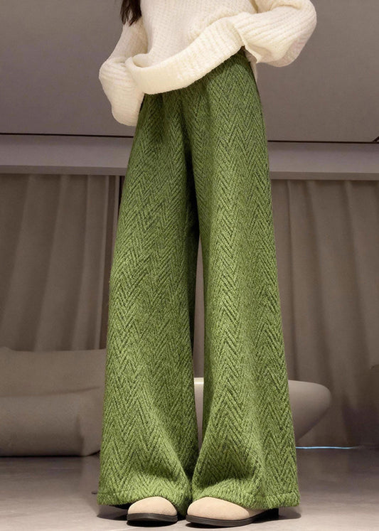 Green Elastic Waist Warm Fleece Straight Pants Winter