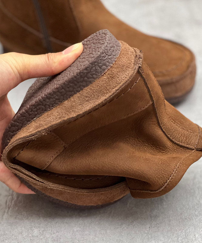 Chocolate Cowhide Leather Boots Zippered Ankle Boots