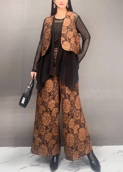 Stylish Gold Tulle Patchwork Coats and Wide Leg Pants Two Piece Set Fall